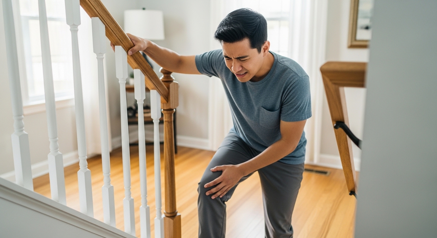young man walking up the stairs and struggling with his knee pain